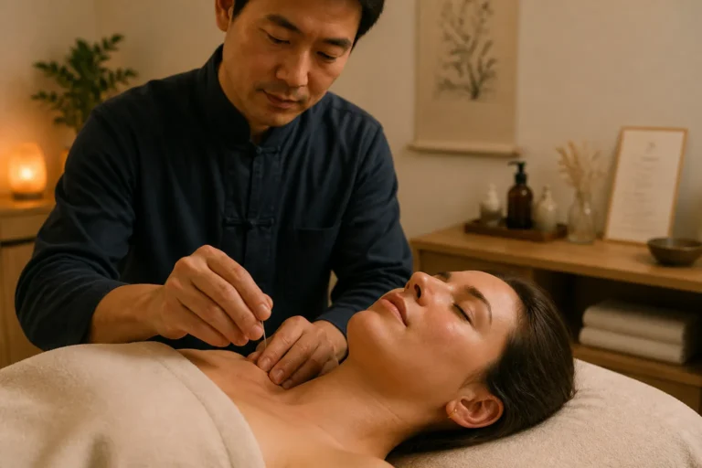 acupuncturist plaatst zorgvuldig een enkele naald in de huid van een cliënt in een rustige behandelkamer