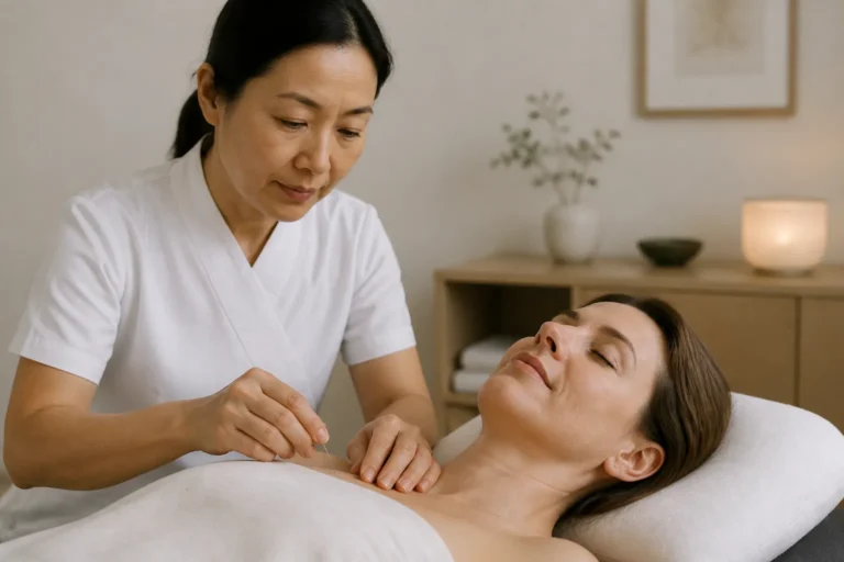 acupuncturist die met zorgvuldige handen een enkele naald plaatst bij een ontspannen cliënt in een rustige behandelkamer