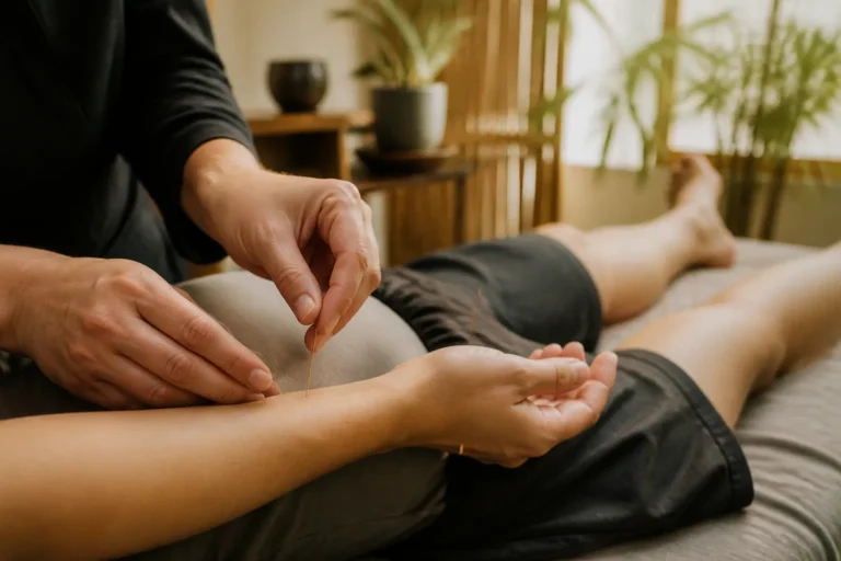 acupuncturist plaatst dunne naald in onderarm van ontspannen cliënt in rustige praktijkruimte
