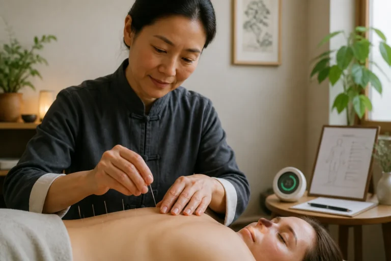 acupuncturist die met zorgvuldige handen een enkele naald plaatst bij een patiënt in een rustige behandelkamer