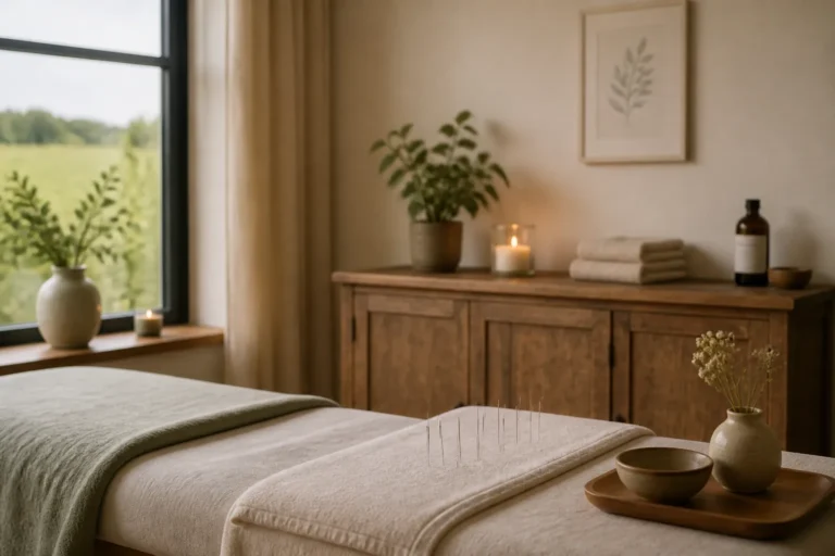 acupuncturist plaatst naalden in het onderbeen terwijl medicijnen en een oefenelastiek op een tafel liggen