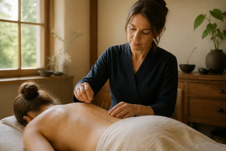acupuncturist plaatst dunne naalden in de onderrug van een cliënt in een rustige landelijke behandelkamer