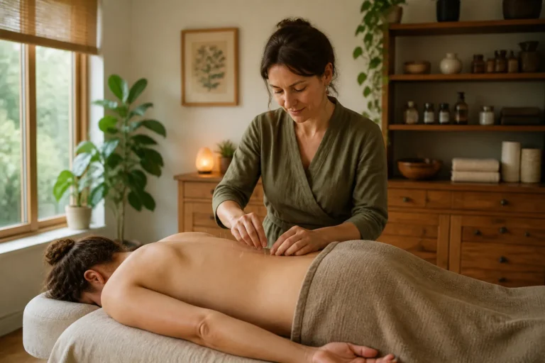 acupuncturist plaatst dunne naalden in de onderrug van ontspannen cliënt in zachte landelijke behandelkamer
