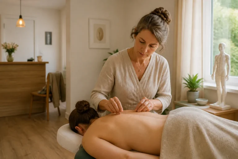 acupuncturist controleert dunne naalden in de onderrug van een patiënt in een rustige landelijke behandelkamer