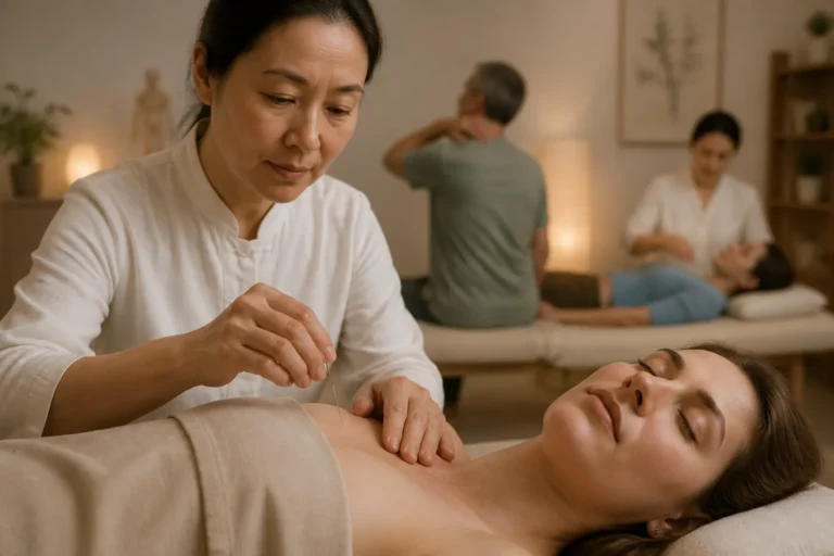 acupuncturist die zorgvuldig één naald plaatst bij patiënt in rustige behandelkamer