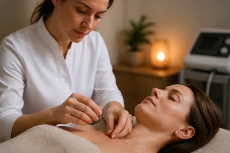 acupuncturist plaatst zorgvuldig een enkele naald in de huid van een ontspannen patiënt in een rustige behandelkamer
