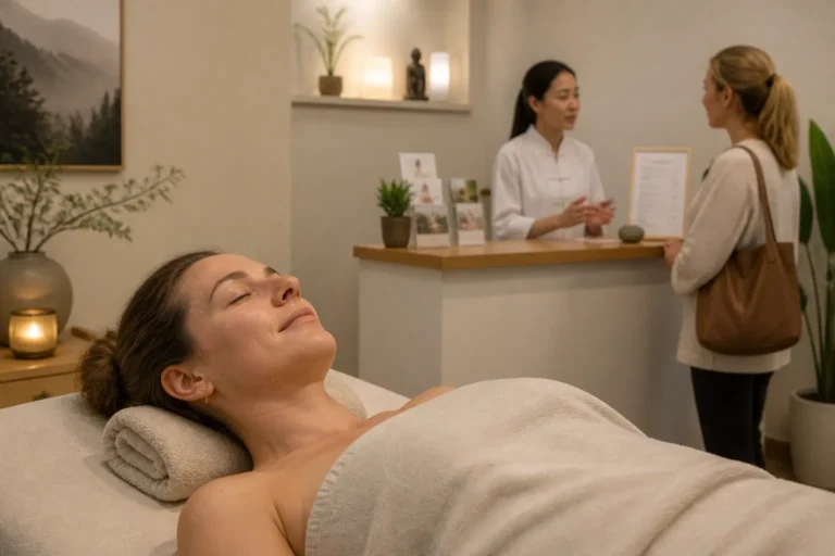 ontspannen cliënt met acupunctuurnaalden op behandeltafel terwijl acupuncturist bij balie behandelopties bespreekt
