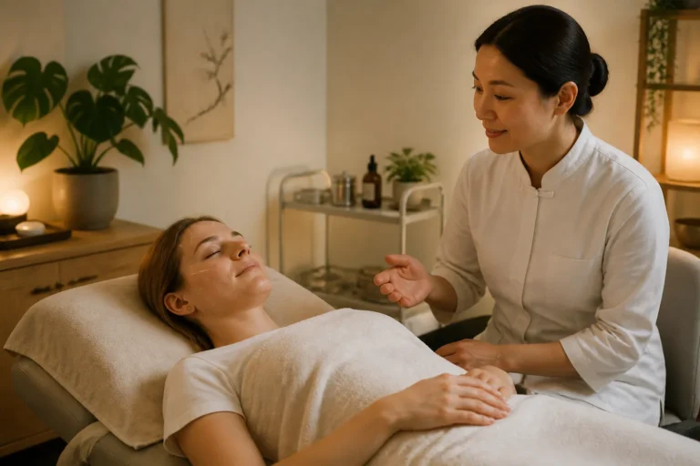 acupuncturist die rustig met een cliënt met naalden in een zachte behandelkamer spreekt