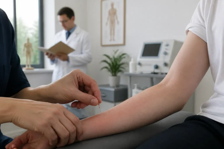 acupuncturist plaatst een naald in een rode onderarm terwijl een arts op de achtergrond het dossier bekijkt