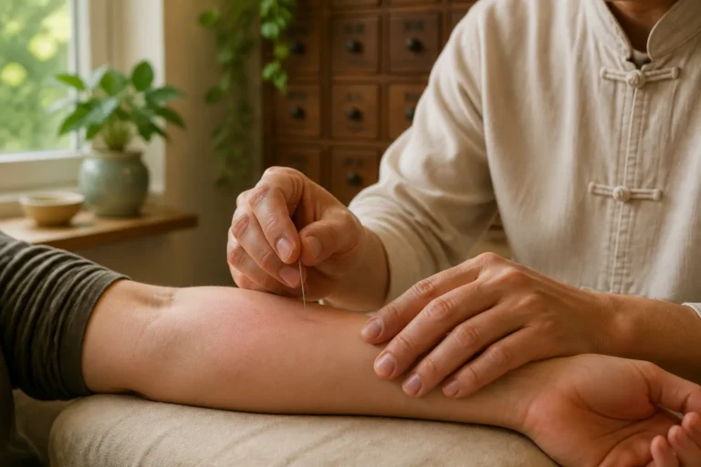 acupuncturist plaatst een dunne naald in de onderarm van een cliënt met lichte roodheid in een rustige behandelkamer