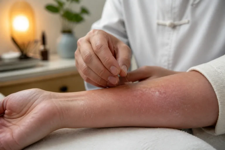 acupuncturist plaatst een naald in een rode, jeukende onderarm in een rustige behandelkamer