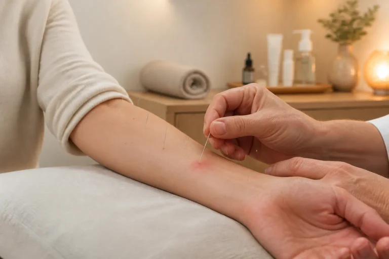 acupuncturist plaatst meerdere naalden in een licht rood geworden onderarm in een rustige behandelkamer
