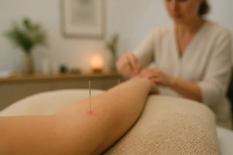 acupuncturist plaatst meerdere naalden rond een rode plek op de onderarm van een zittende cliënt in een rustige behandelkamer