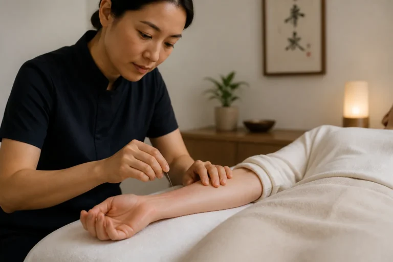 acupuncturist die een naald in een licht rode onderarm plaatst in een rustige behandelkamer