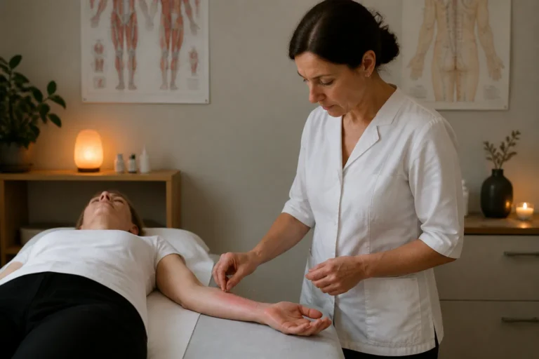 acupuncturist controleert naalden in een rood geworden onderarm van een liggende cliënt in een rustige praktijkruimte